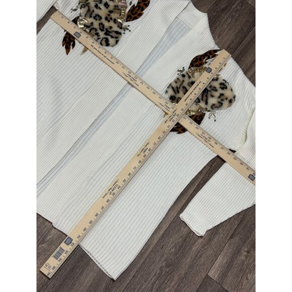 VINTAGE 80'S BEIGE GOLD LONG CARDIGAN SWEATER SHOULDER PADS ONE SIZE LEOPARD FUR - Picture 5 of 10